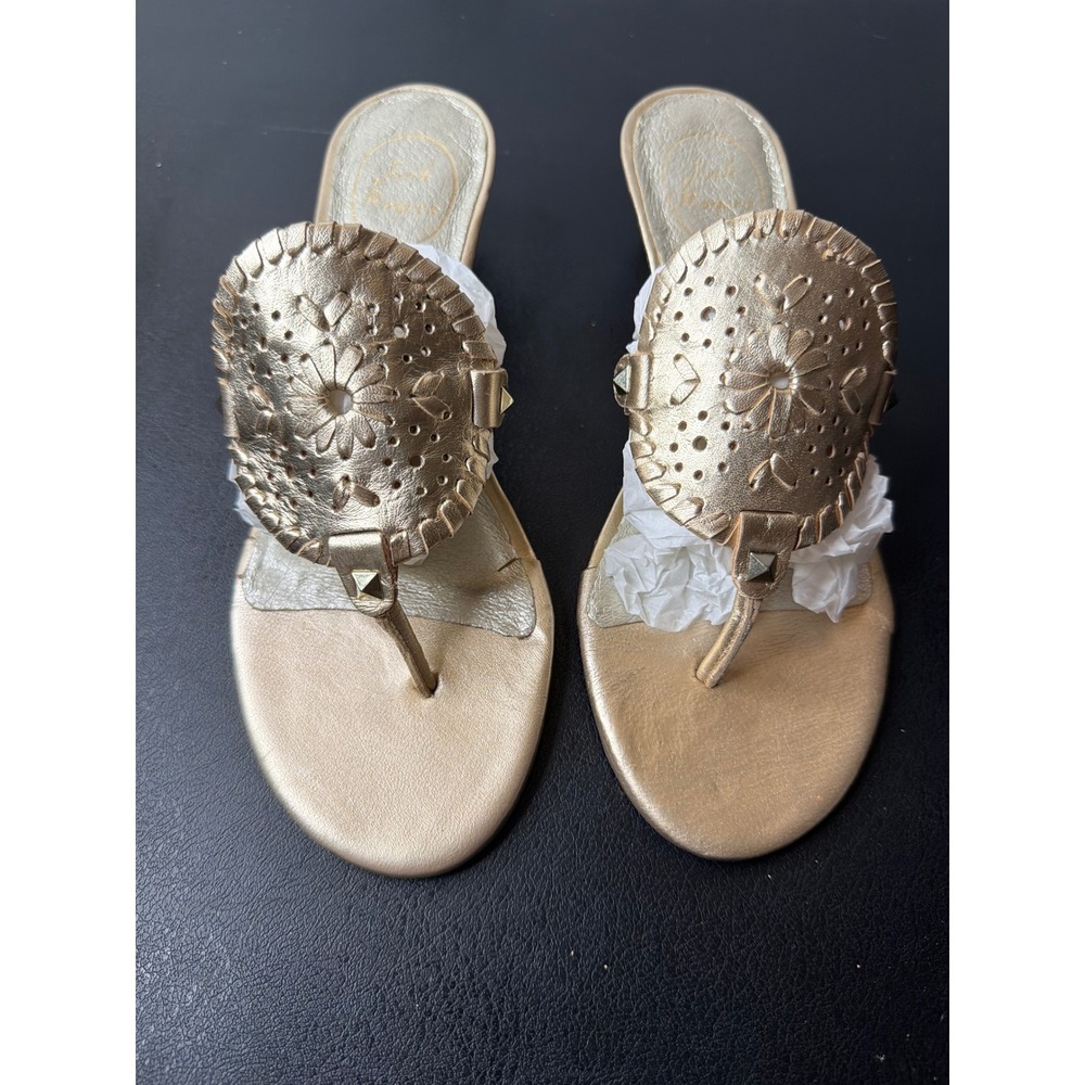 Jack Rogers Womens Gold Leather Medallion Wedge Thong Sandals Size 7.5